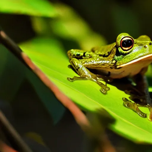 Image similar to green - eyed frog, eating dragonflies in the sky, sunny day, golden hour,