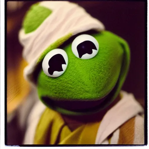 Prompt: Kermit the frog as Obi Wan, lightsaber lighting, polaroid photo, white frame, by Warhol,