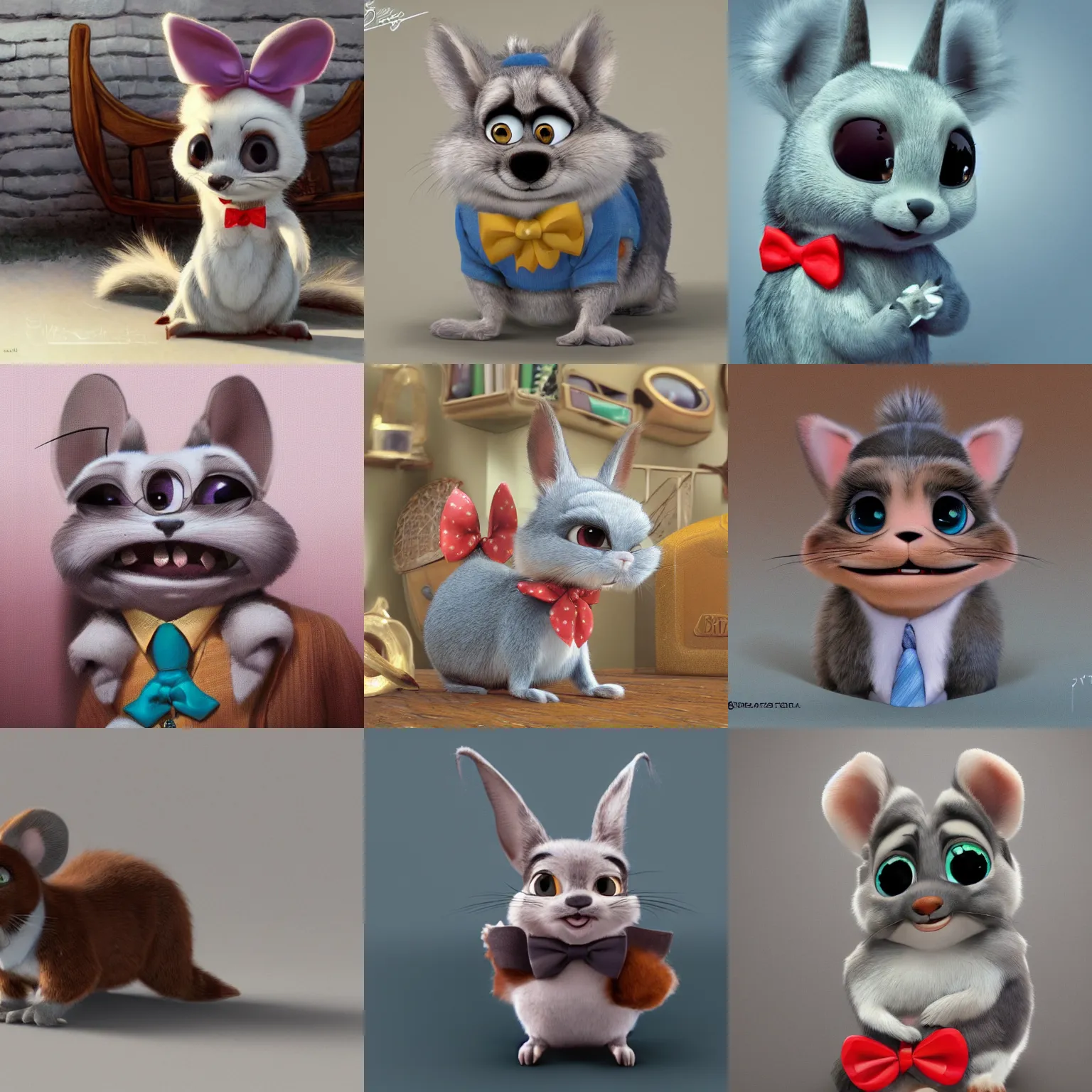 Prompt: very cute disney pixar chinchilla wearing a bow tie, detailed fur, concept artwork, 3 d render official art, zootopia, cartoony, adorable design, disney disney, large eyes, whiskers hq, artstationhd, pixar, coco