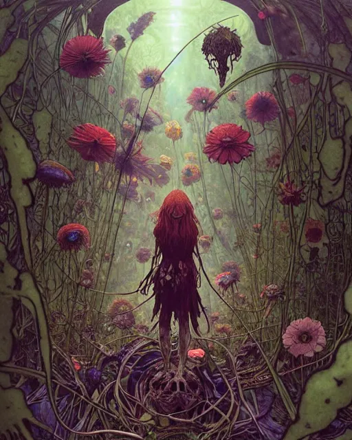 Image similar to the platonic ideal of flowers, rotting, insects and praying of cletus kasady carnage davinci dementor chtulu mandala ponyo alice in wonderland dinotopia watership down, fantasy, ego death, decay, dmt, psilocybin, concept art by greg rutkowski and simon stalenhag and alphonse mucha