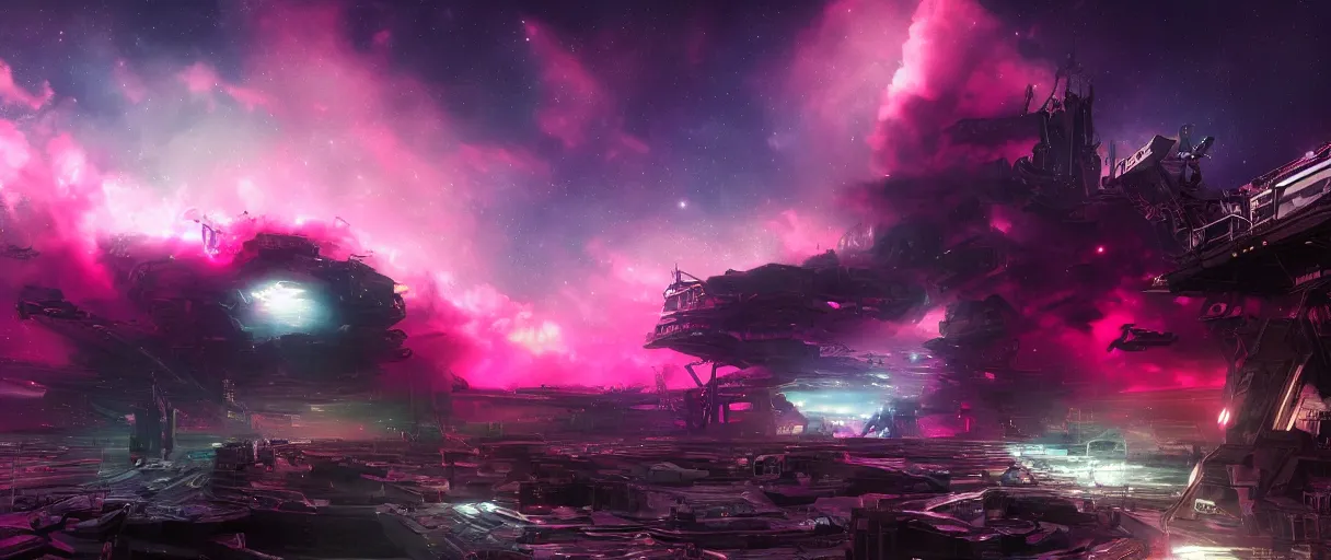 Image similar to space, mohawk, portrait big dark punk, hyperdetailed illustration, stars, pink, neon, oil painting, rich deep colors masterpiece, pirate neon ship, ultra detailed, contrast, heaven pink, clouds, volumetric light, atmospheric lighting, dramatic, cinematic, moody, octane render 4 k, 8 k