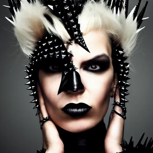 Image similar to a woman in a black leather outfit with spikes on her head, a high fashion character portrait by christen dalsgaard, featured on behance, gothic art, androgynous, genderless, gothic