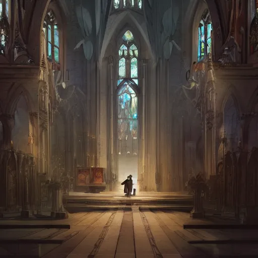 Image similar to angel protecting man who is praying inside a gothic church by Stanley Artgerm Lau, WLOP, Rossdraws, James Jean, Andrei Riabovitchev, Marc Simonetti, Yoshitaka Amano, ArtStation, CGSociety