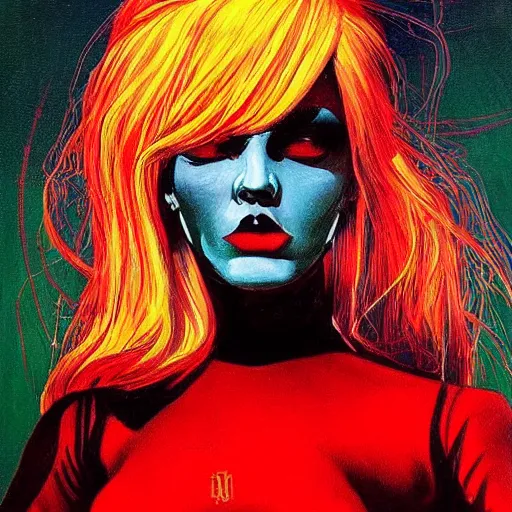 Image similar to a detailed and complex, highly detailed, concept art, soviet propaganda poster depicting a portrait of a gothic e - girl with neon hair. painting by irakli toidze