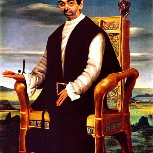 Prompt: A still of Mr. bean depicted as a king on a throne, renaissance oil painting by Salvador Dali