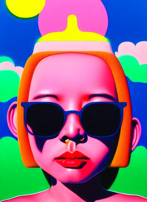 Image similar to cute girl with shades by shusei nagaoka, kaws, david rudnick, airbrush on canvas, pastell colours, cell shaded, 8 k