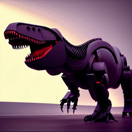 Image similar to a !robot! controlling a t-rex, the t-rex walks peacefully in a lab, octane render, 3D, award-winning, as coherent as Dall-E 2