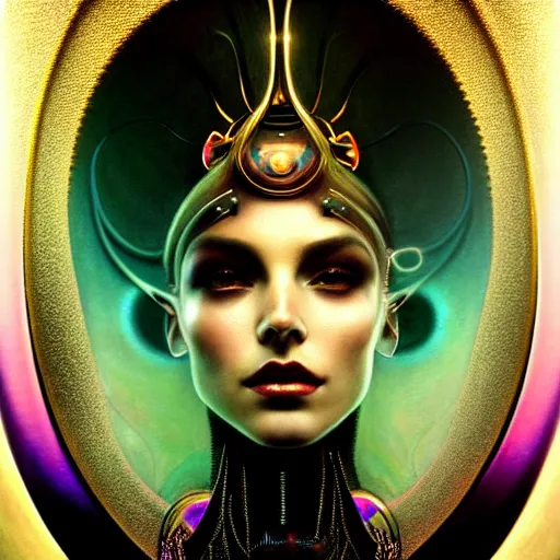 Image similar to extremely psychedelic beautiful cyborg viral queen infected by night. intricate, elegant, highly detailed, extremely lifelike photorealistic digital painting, artstation. steichen, gaston bussiere, tom bagshaw, brutalist cyberpunk alphonse mucha. elegant minimalism. anatomically correct. sharp focus. gold, black accents. surreal lush cosmic hallucination