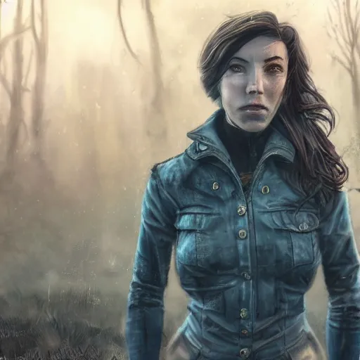 Image similar to fallout 5, charismatic beautiful rugged brunette female protagonist, portrait, outdoors outdoors anchorage, atmospheric lighting, painted, intricate, volumetric lighting, beautiful, dusk, overcast weather, sharp focus, deep colours, ultra detailed, by leesha hannigan, ross tran, thierry doizon, kai carpenter, ignacio fernandez rios