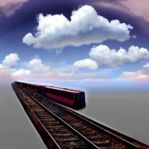 Prompt: train wagon on sky flying through rails made out of clouds, digital art