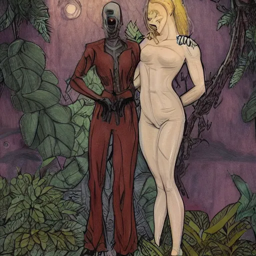 Prompt: modest short - haired tattooed heroic stoic handsome muscular blonde butch tomboy woman engineer in jumpsuit standing beside dark fae feathered modest gothic jennifer connelly in long dress, standing together in a beautiful lush garden at night, in love, highly detailed, trending on art station, illustration, oil painting, mignola, mucha, comic book