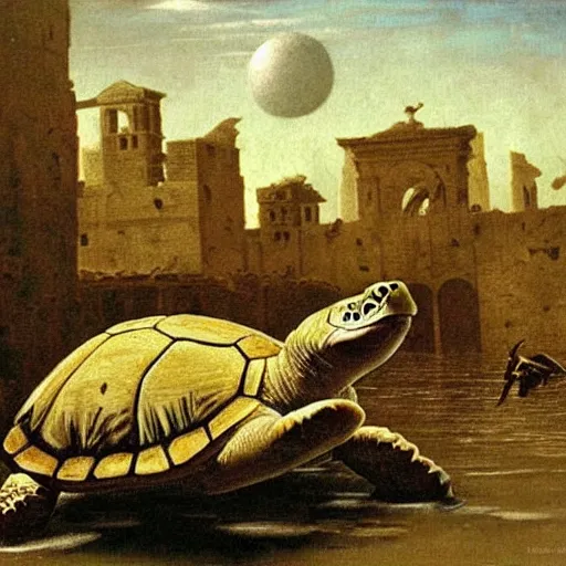 Prompt: turtles in ruined city of Atlantis , by Michael Sowa