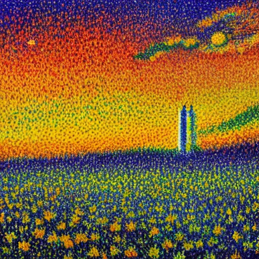 Prompt: rocket landing in a field of flowers at sunset, pointillism and impressionism painting