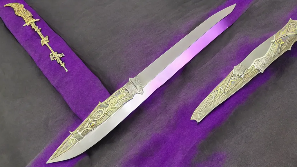 Image similar to medieval broad sword, purple aura, purple inscription, intrinsic design, hyper detailed, 4 k, 8 k