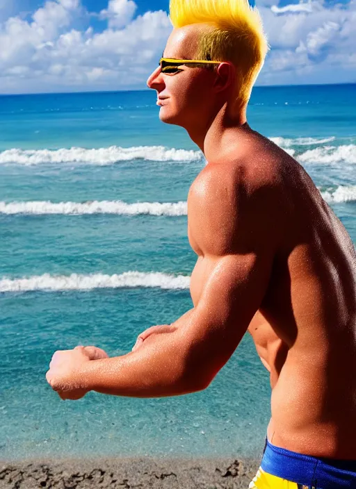 Image similar to professional photo of person looking like bart simpson, he's muscular and confident, on the beach at noonday, blur background, high details, original simpsons cartoon style