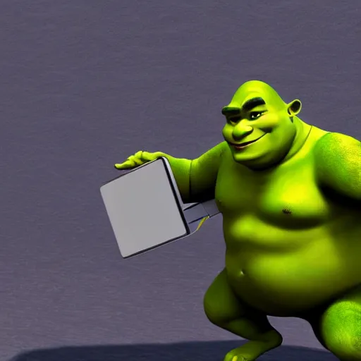 Prompt: shrek fighting a computer, half body shot, path traced, fight scene, highly detailed, high quality, digital painting