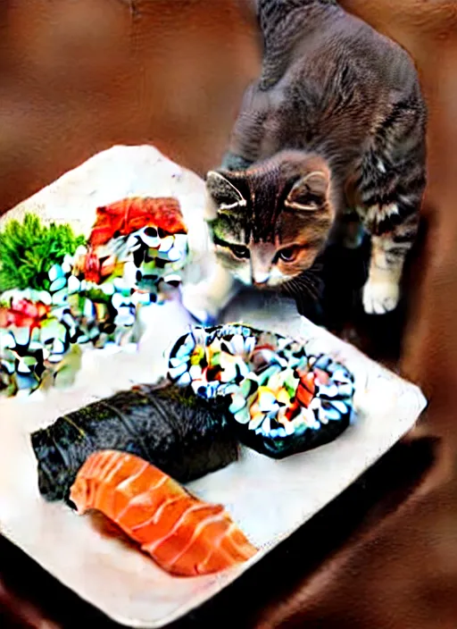 Image similar to clear photorealistic picture of adorable cats eating sushi