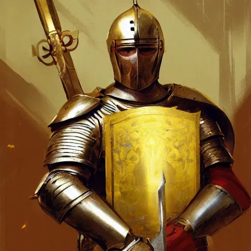 Prompt: Portrait painting of a medieval christian Knight with heavy armor holding a golden Sword by his hands by greg rutkowski and Craig Mullins