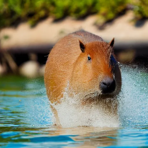 Image similar to a capybara swimming in the ocean while eating a watermelon, cinematic shot, sun rays, photo