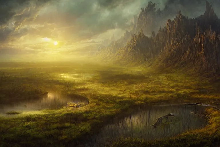 Prompt: aerial view, cinematic fantasy painting, dungeons and dragons, a faerie village hovels, swamp reeds wetland marsh estuary, with sunset lighting ominous shadows, an egret by jessica rossier and brian froud cinematic painting
