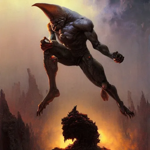 Prompt: beautiful realistic fantasy painting of a goblin with metal hurlant, by pascal blanche and Frazetta and Beksinski, volumetric lighting, trending on art station, polarizer filter