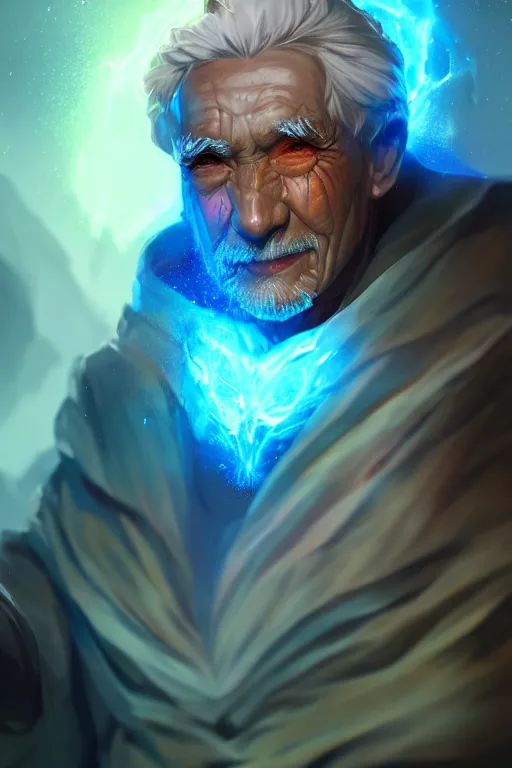 Image similar to a human elemental sorcerer, mountainous setting, colorful magic effects, white skin, portrait, older gentleman, sharp focus, digital art, concept art, trending on artstation, dynamic lighting, by emylie boivin