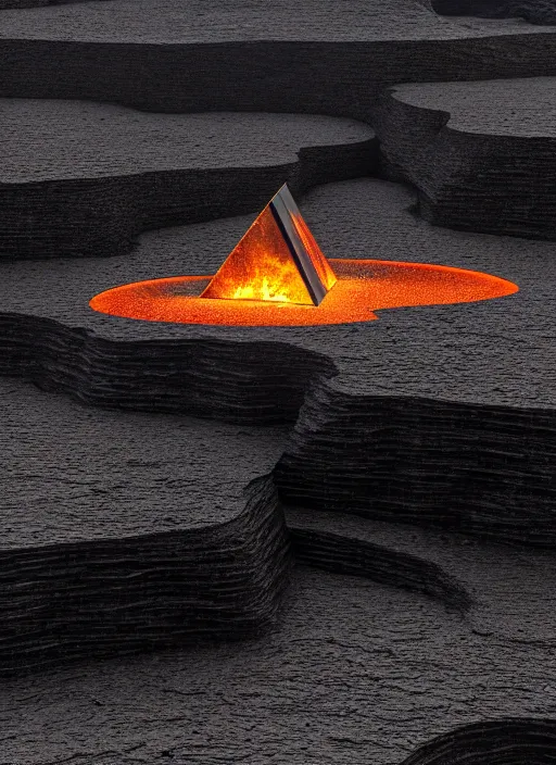 Image similar to tall black geometric house embedded in tall a lava cliff, full view, black house, molten metal house, minimal, rippled white landscape, dwarven architecture, light from molten iron, octane render, hyper realistic, 8 k, octane render