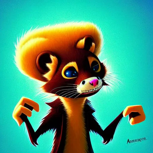 Image similar to curved perspective, extreme narrow, extreme fisheye, digital art of a marten animal cartoon character wearing a wig a jewlery by anton fadeev from nightmare before christmas