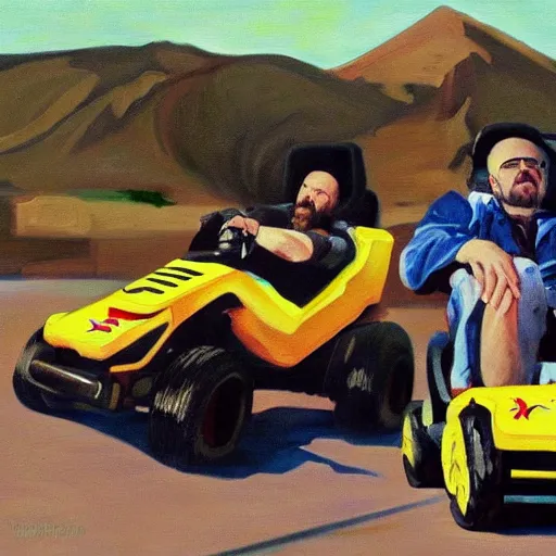 Image similar to oil painting of Walter White and Jesse Pinkman go-karting on a track, bryan cranston, aaron paul