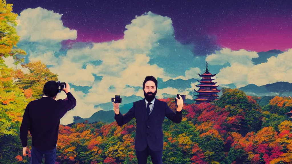 Image similar to portrait of a bearded german photographer holding up a dslr to take a photograph, at a vast temple under a vivid autumn sky, aomori japan, a collage painting, in the style of wes anderson, lola dupre, david hockney, isolated on negative white space background dark monochrome neon spraypaint accents volumetric octane render