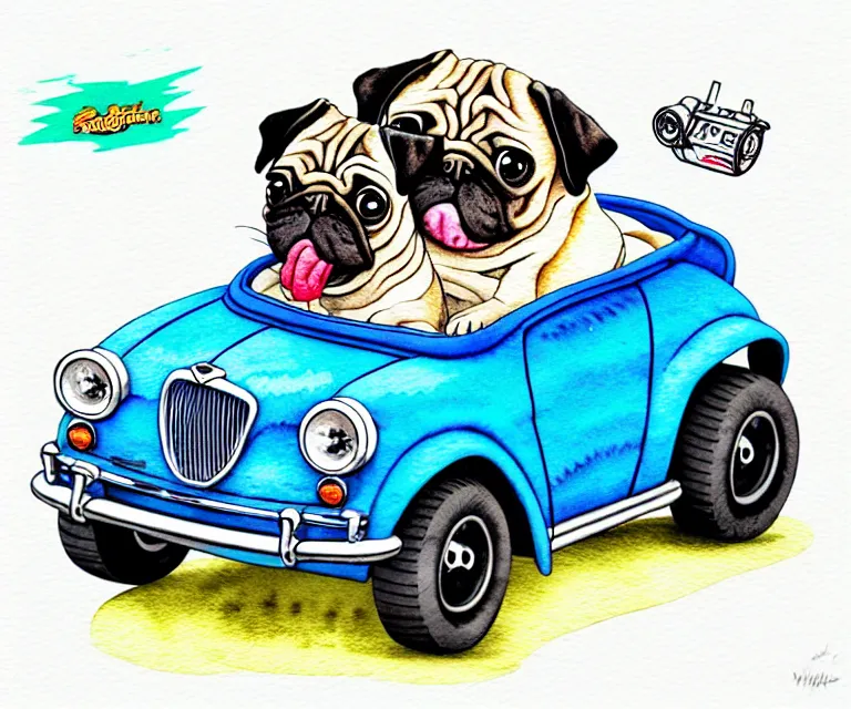 Image similar to cute and funny, pug riding in a tiny hot rod with oversized engine, ratfink style by ed roth, centered award winning watercolor pen illustration, isometric illustration by chihiro iwasaki, edited by range murata, tiny details by watercolor girl, symmetrically isometrically centered