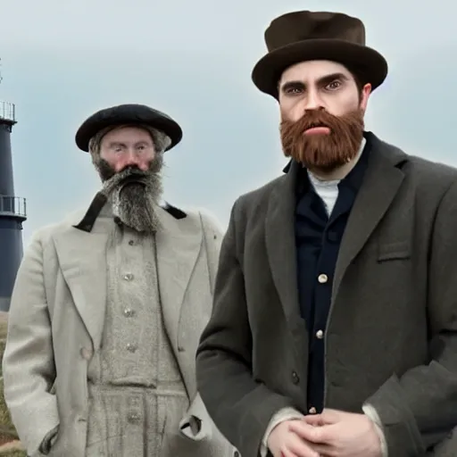 Prompt: Live Action Still of Jerma985 in a film as a Lighthouse Keeper with an overcoat, hat, and beard, with co star Robert Pattison who is wearing a overcoat, hat, and has a mustache, real life, black and white, hyperrealistic, ultra realistic, realistic, highly detailed, epic, HD quality, 8k resolution, body and headshot, film still