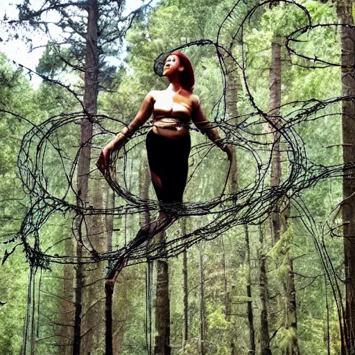 Image similar to a female navi wrapped in barbed wire floating in the air in front of a sequioa forest