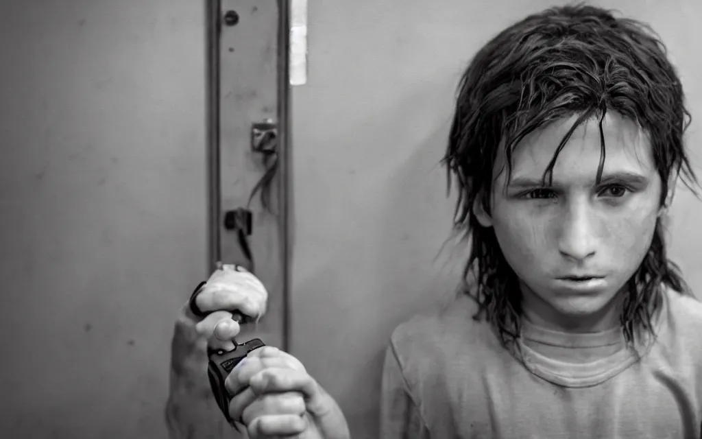 Image similar to a boy with long hair locked up in prison while playing video games photo realistic renato corsini