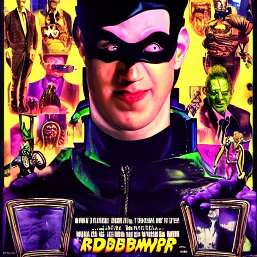 Prompt: Mark Zuckerberg as The Riddler in Joel Schumacher\'s Batman Forever, cinematic movie poster, headshot, highly detailed, 35mm print, artstation, concept art, sharp focus