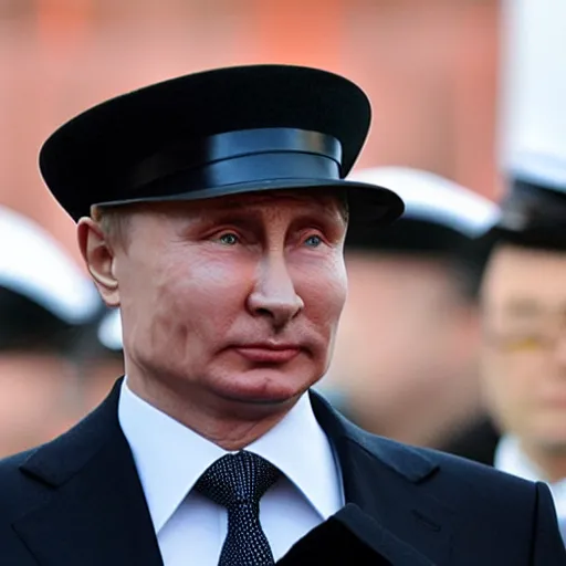 Prompt: putin wearing a black leather hat, frontal view, cool looking