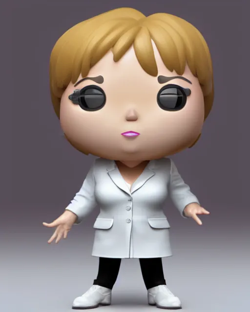 Image similar to full body 3d render of angela merkel as a funko pop, studio lighting, white background, blender, trending on artstation, 8k, highly detailed