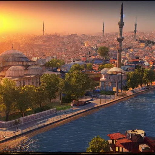 Prompt: highly detailed landscape of istanbul at sunset, unreal engine, global illumination, god rays, detailed and intricate environment