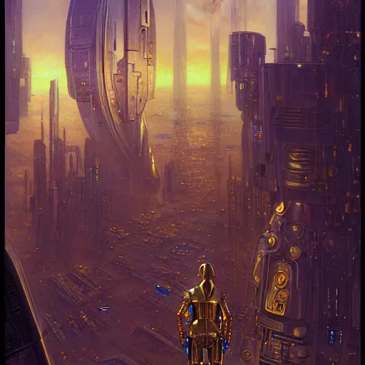 Image similar to portrait c 3 po. spaceship futuristic city. shadowrun cyberpunk fantasy d & d painting by gaston bussiere craig mullins jc leyendecker gustav klimt artgerm greg rutkowski john berkey, bergey, craig mullins, ruan jia, raymond swanland, tom lovell