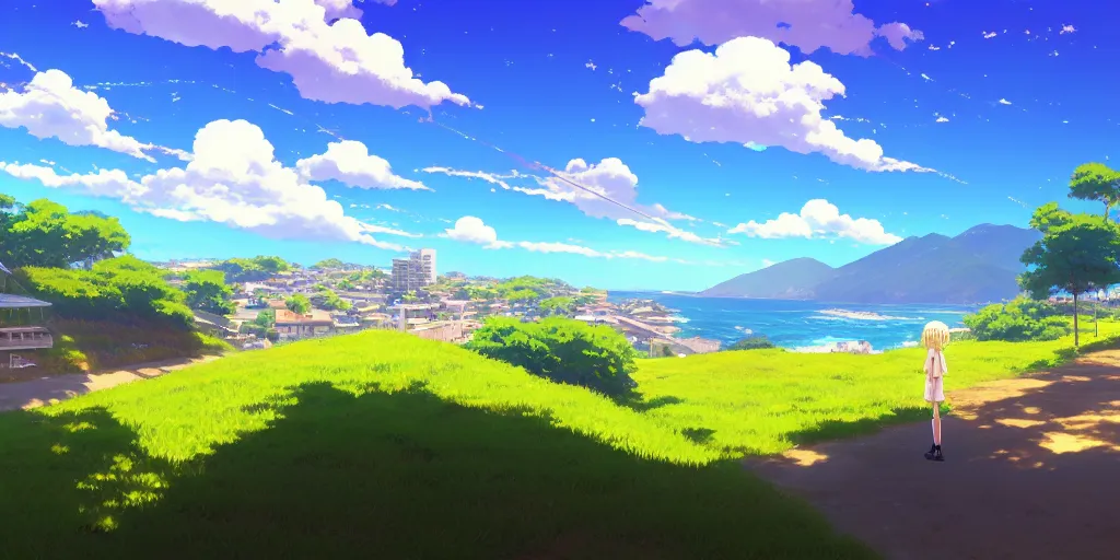 Image similar to beautiful anime painting of a coastal town, clear blue skies, beach, rolling green hills, daytime, by makoto shinkai, kimi no na wa, artstation, atmospheric.
