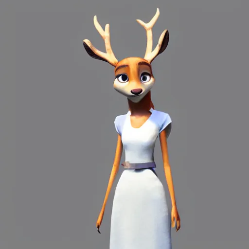 Image similar to portrait, 3 d render, anthropomorphic deer female, wearing long white dress, in the style of zootopia