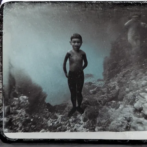 Image similar to tintype photo, swimming deep underwater, kid with huge Bigfoot