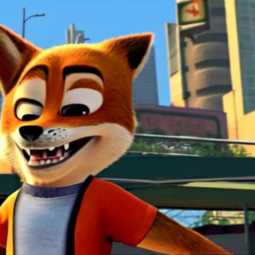 Image similar to Grand Theft Auto: San Andreas loading screen featuring Nick Wilde (from Zootopia)