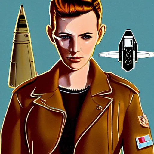 Image similar to character concept art of heroic square - jawed emotionless serious blonde butch woman aviator, with very short butch slicked - back hair, wearing brown leather jacket, standing in front of small spacecraft, alien 1 9 7 9, illustration, science fiction, retrofuture, highly detailed, colorful, realistic, graphic, ron cobb, mike mignogna