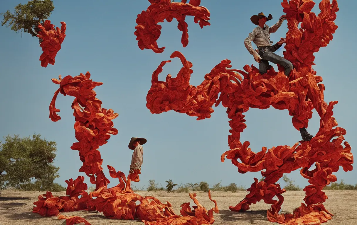 Image similar to a cowboy turning into blooms. tropical sea slugs, tractor tires. complementary colors. national geographic. 8 k, rendered in octane, smooth gradients. sculpture by antonio canova. red accents. by slim aarons, by zhang kechun, by lynda benglis