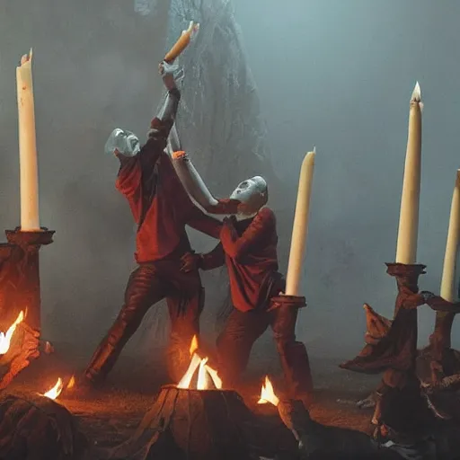 Prompt: The cultists are performing human sacrifice, high detail, cinematic atmosper