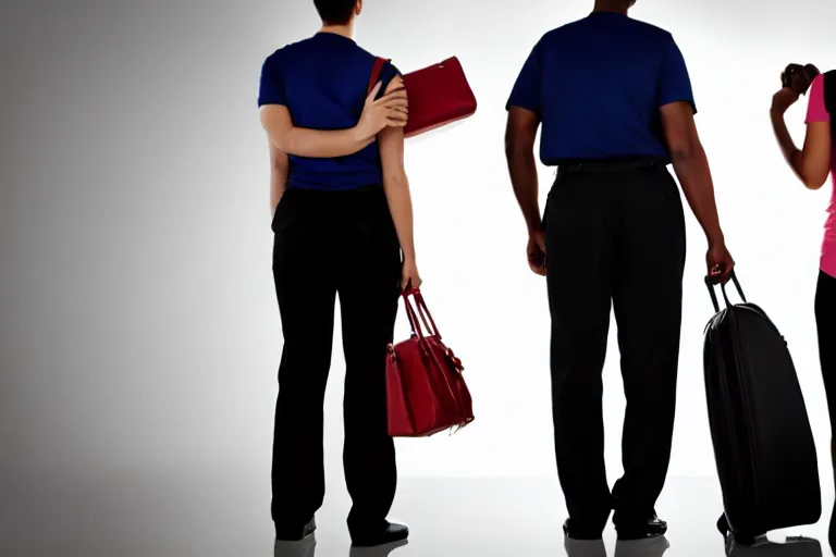 Image similar to tall, broad shouldered, security guard checks the bags of a worried looking couple, man and woman