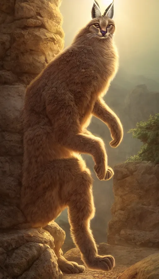 Image similar to fullbody photo of humanoid cute fluffy caracal dressed as alexander the great, sun behind him, ancient greek city, sunny day, by ilya kuvshinov, rtx rendering, octane render 1 2 8 k, maya, extreme high intricate details by tom bagshaw, medium shot, close up shot, composition by sana takeda, lighting by greg rutkowski