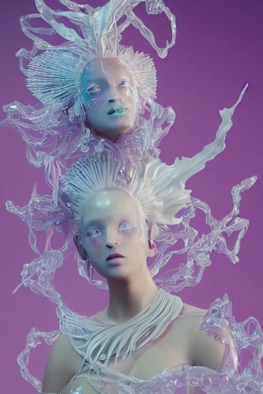 Prompt: an epic puerto rican non - binary model, subject made of white melting porcelain, mesh headdress, flowing dress, with cerulean and pastel pink bubbles bursting out, delicate, beautiful, intricate, melting into vulpix, houdini sidefx, by jeremy mann and ilya kuvshinov, jamie hewlett and ayami kojima, bold 3 d