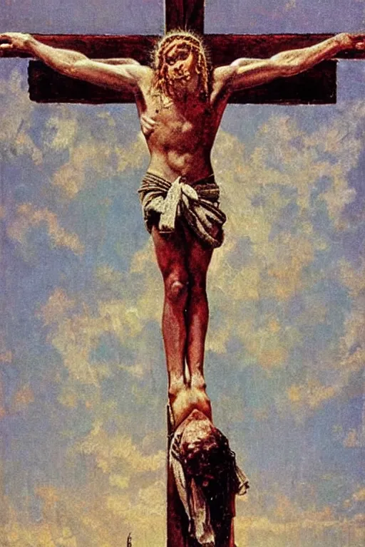 Image similar to jesus crucified painted by norman rockwell